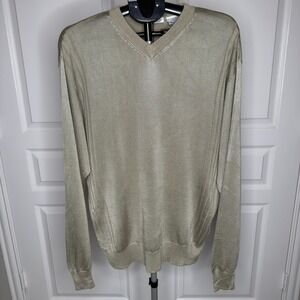 Moda Bianco Sweater Mens XL Beige V Neck Lightweight Rayon Cotton Knit Pullover